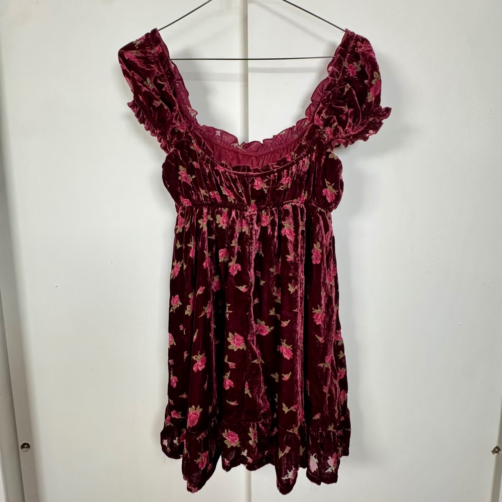 Altar'd State Kortney Velvet Mini Dress Burgundy Floral Coquette Ruffle Bow S - Picture 2 of 8